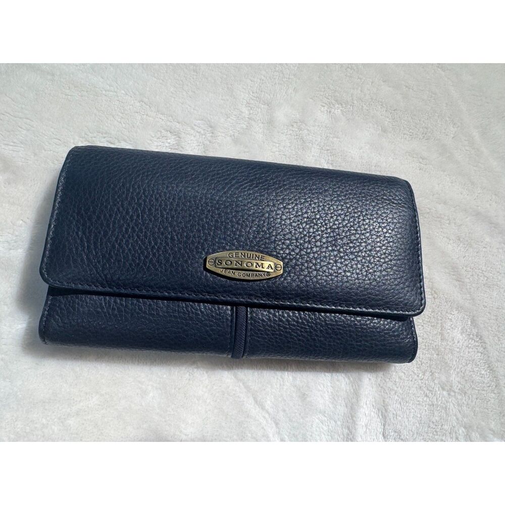 Sonoma Jean Company Navy Blue Pebbled Checkbook Wallet Organizer Gold Logo